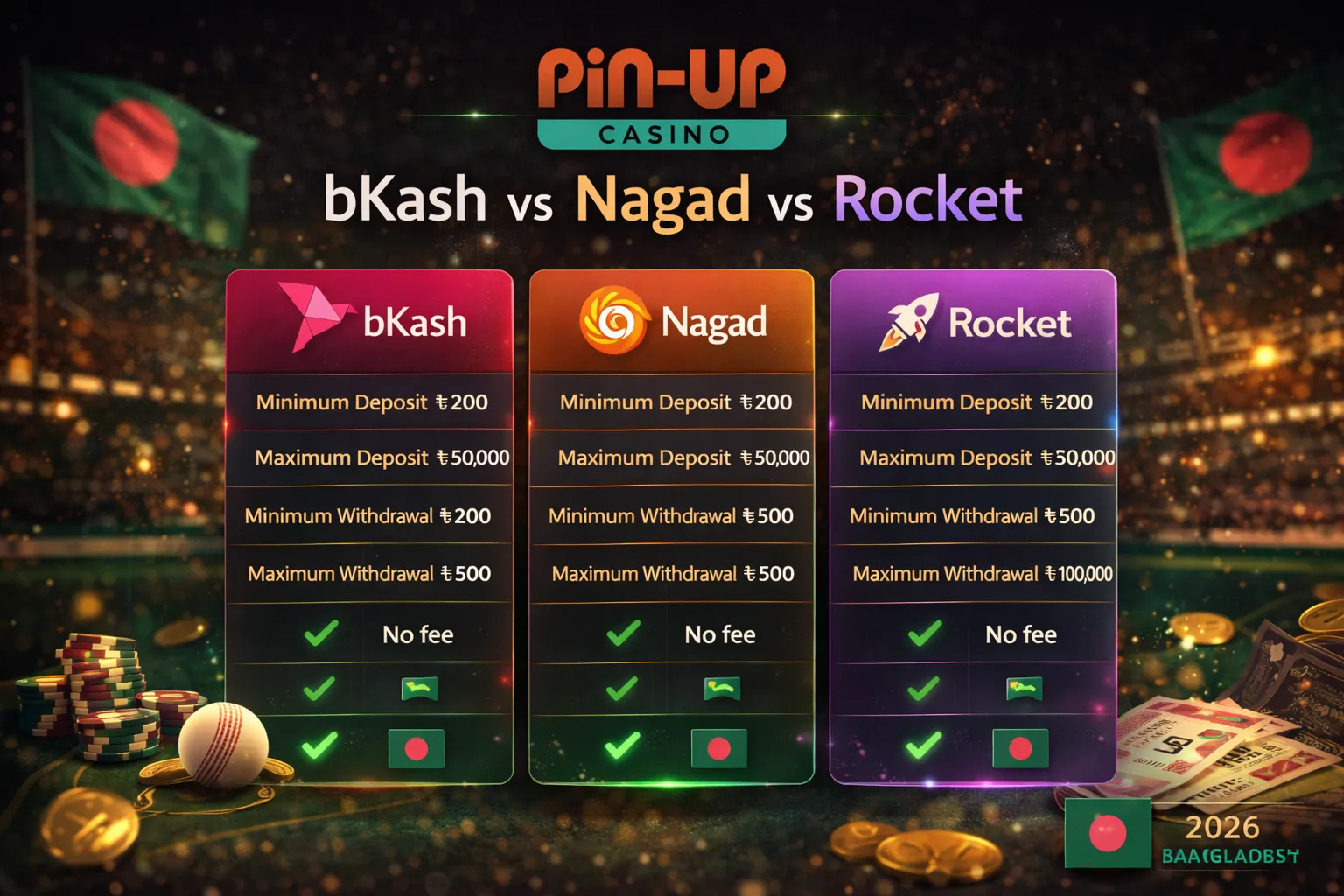 পিন আপ বিকাশ vs নগদ vs রকেট তুলনা